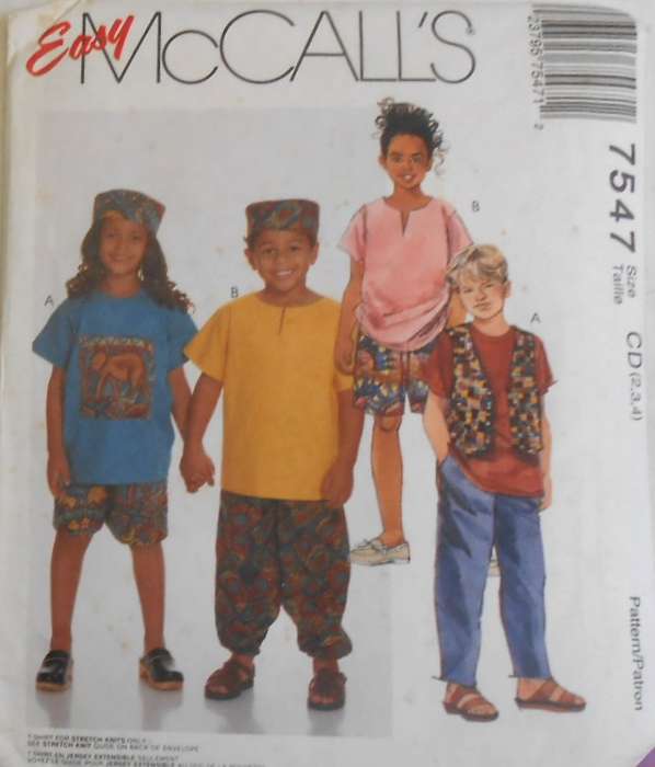 McCALLS 7547 KIDS WAISTCOAT-T SHIRT-TOP-PULL ON PANTS/SHORTS HAT SIZE 2-3-4 YR-COMPLETE-UNCUT-F/F