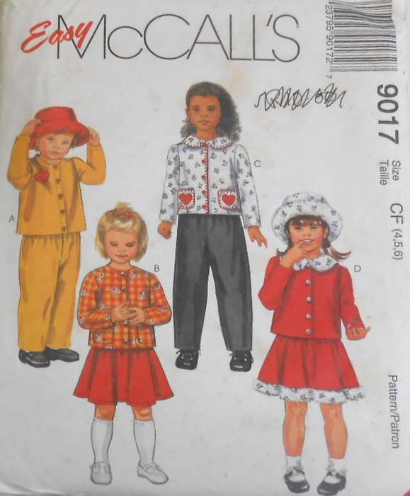 McCALLS 9017 KIDS UNLINED JACKET-PULL ON PANTS-SHIRT-HAT SIZE 4-5-6 YEARS-COMPLETE-UNCUT-F/FOLDED