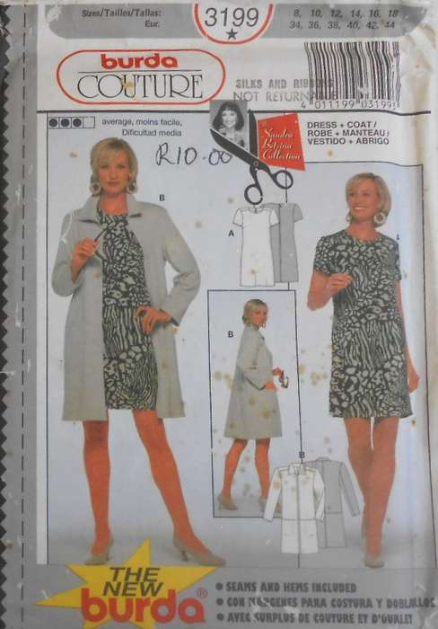 BURDA 3199 SEMI FITTED DRESS & COAT SIZE 8-18-COMPLETE-UNCUT-F/FOLDED