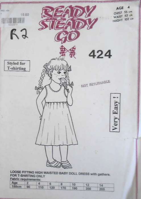 READY-STEADY-GO PATTERN 424 LOOSE FITTING HIGH WAISTED BABY DOLL DRESS AGE 4 YEARS CHEST 55 CM