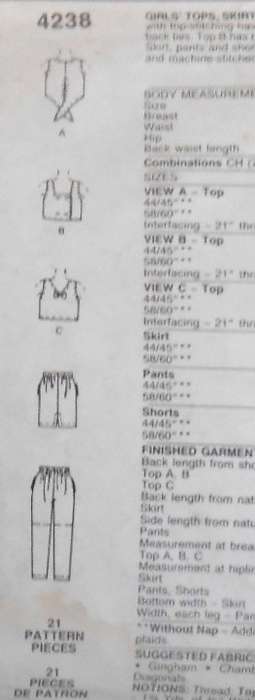 McCALLS 4238 GIRLS TOP & SKIRT SIZE 7-8-10 YEARS-NO PANTS OR SHORTS PATTERN-ZIPLOC