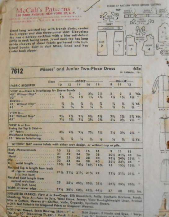 VINTAGE McCALLS 7612LINED-LONG SLEEVE TOP & 3 PANEL SKIRT SIZE 14 BUST 36 COMPLETE -ZIPLOC