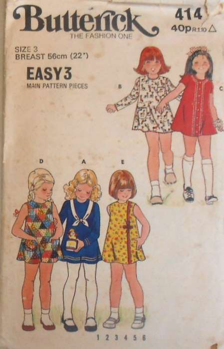 VINTAGE BUTTERICK 414 GIRLS SEMI FITTED A LINE DRESS SIZE 3 BREAST 56 CM/22 'COMPLETE