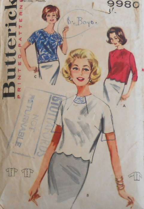 V/VINTAGE BUTTERICK 9980 SEMI FIT OVERBLOUSE SIZE 20 BUST 40-COMPLETE-ZIPLOC