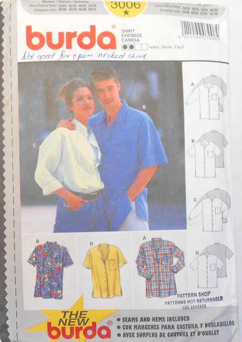BURDA 3006 UNISEX SHIRT SIZE 12/14 - 24/26 MEN 34/36-46/48 COMPLETE-CUT TO 30/22 OR 42/44