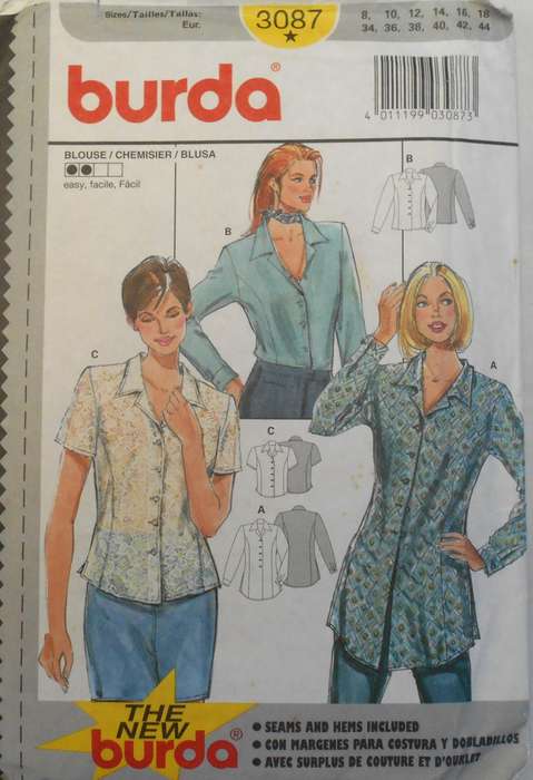 BURDA 3087 BLOUSE SIZE 8-18 COMPLETE-CUT TO 18 - BLOUSE LENGTHENED