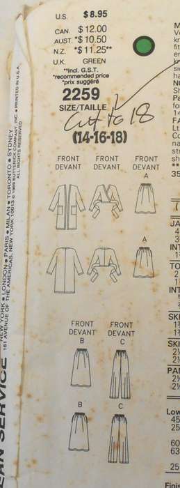 VOGUE 2259 JACKET-TOP-SKIRT & PANTS SIZE 14-16-18 COMPLETE-CUT TO 18