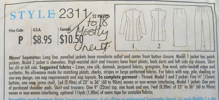 STYLE 2311 LONG PANELLED JACKETS+MANDARIN COLLAR-HI WAIST SKIRT-PANTSSIZE 8-18 COMPLETE-MOSTLY UNCUT