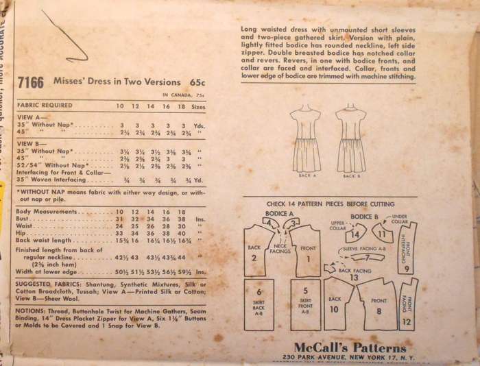 VINTAGE McCALLS 7166 DRESS IN 2 VERSIONS SIZE 14 BUST 34 COMPLETE-ZIPLOC