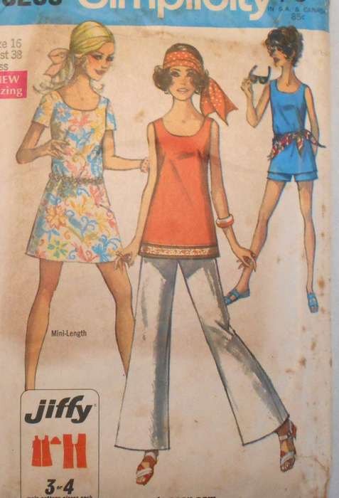 SIMPLICITY 8259 MINI DRESS-TOP-BELL BOTTOM PANTS-SHORTS SIZE 16 BUST 38 COMPLETE