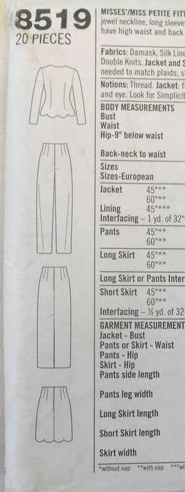 SIMPLICITY 8519 FITTED JACKET-PANTS-SKIRT SIZE 12-16 COMPLETE-CUT TO 16