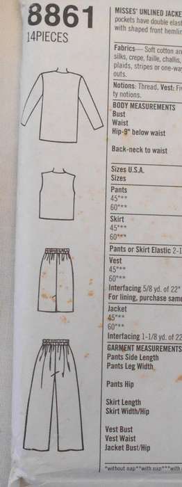 SIMPLICITY 8861 UNLINED JACKET-LINED WAISTCOAT-PULL ONPANTS-SKIRT SIZE 12-16 COMPLETE-UNCUT-F/FOLDED