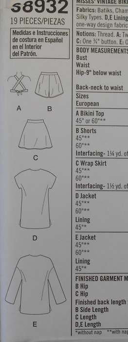 SIMPLICITY S8932 VINTAGE BIKINI TOP-SHORTS-WRAP SKIRT-LINED COATS SIZE 6-12 COMPLETE-UNCUT-F/FOLDED
