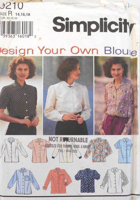 SIMPLICITY 9210 BUTTON DOWN BLOUSE WITH SLEEVE & CUFF VARIATIONS SIZE 14-16-18 COMPLETE-CUT TO 18