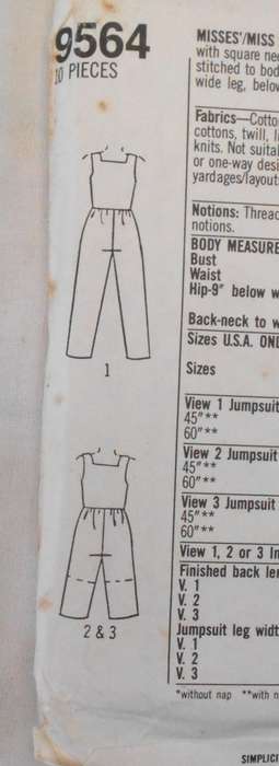 SIMPLICITY 9564 JUMPSUIT IN 3 LENGTHS SIZE 6-24 COMPLETE-UNCUT-F/FOLDED