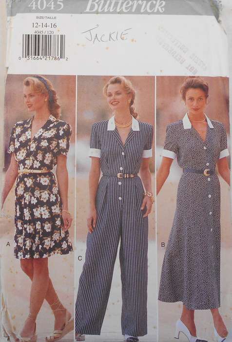 BUTTERICK 4045 FRONT BUTTON DRESS OR JUMPSUIT SIZE 12-14-16 COMPLETE-UNCUT-F/FOLDED