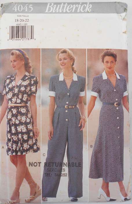 BUTTERICK 4045 FRONT BUTTON DRESS OR JUMPSUIT SIZE 18-20-22 COMPLETE-UNCUT-F/FOLDED