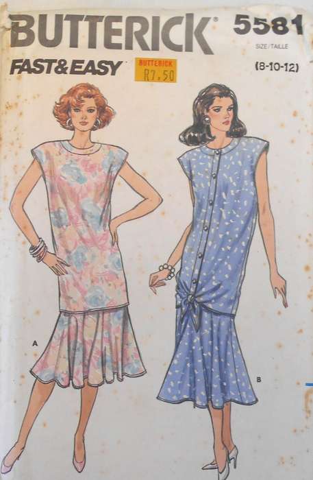 BUTTERICK 5581 V/OOSE FITTING FORNT OR BACK BUTTON TOP & SKIRT  SIZE 8-10-12 COMPLETE-UNCUT-F/FOLDED
