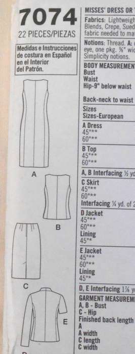 SIMPLICITY 7074 DRESS-TOP-SKIRT-LINED JACKET SIZE 12-18 COMPLETE-UNCUT-F/FOLDED