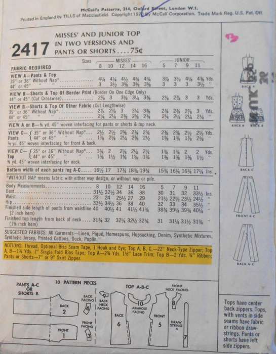 VINTAGE McCALLS 2417 TOP IN 2 VERSIONS-PANTS-SHORTS SIZE 14 BUST 36 COMPLETE