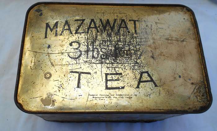 ANTIQUE 3LB MAZAWATTEE TEA TIN with INNER SEALABLE SECTION - ROMANTIC SCENE- MADE IN LONDON, ENGLAND