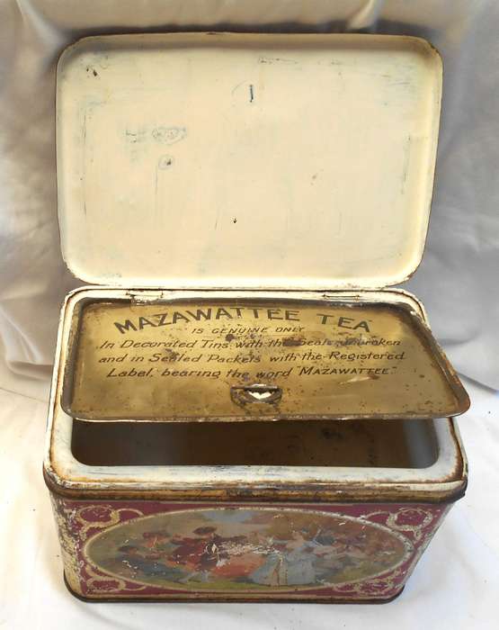 ANTIQUE 3LB MAZAWATTEE TEA TIN with INNER SEALABLE SECTION - ROMANTIC SCENE- MADE IN LONDON, ENGLAND