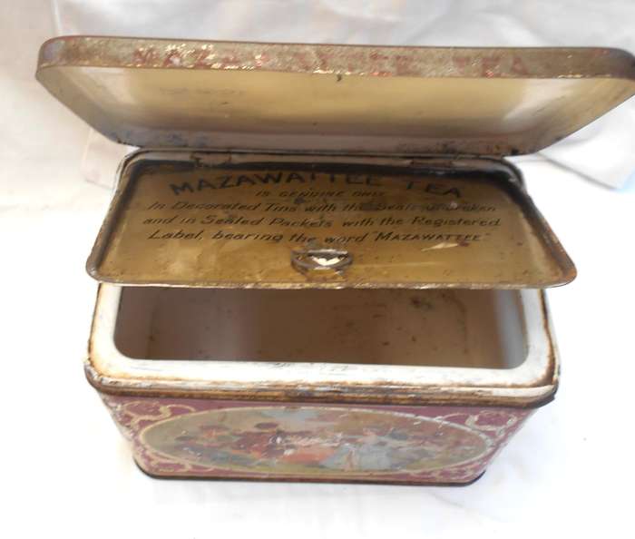 ANTIQUE 3LB MAZAWATTEE TEA TIN with INNER SEALABLE SECTION - ROMANTIC SCENE- MADE IN LONDON, ENGLAND