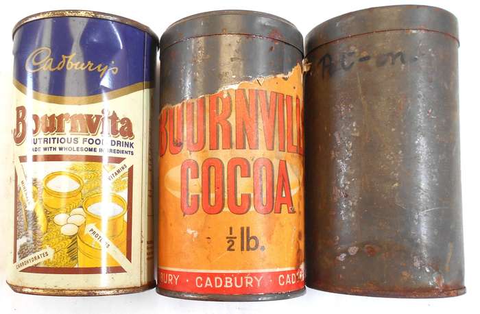THREE DIFFERENT VINTAGE BOURNVILLE COCOA  1/2 LB TINS