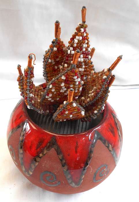 STUNNING BEADED FLOWERING ALOES IN DECORATED ROUND CLAY POT