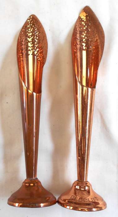 TWO RHODESIAN COPPER FLUTED VASES -WITH MARKINGS IN EXCELLENT CONDITION