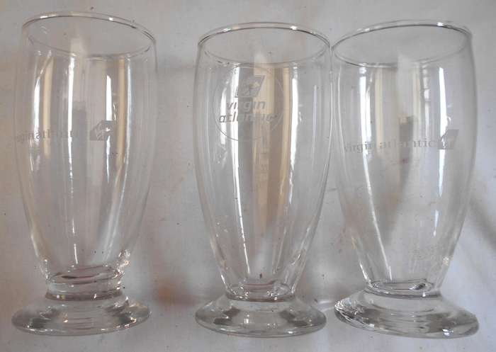 THREE VIRGIN ATLANTIC CORDIAL GLASSES - TWO DIFFERENT LOGOS