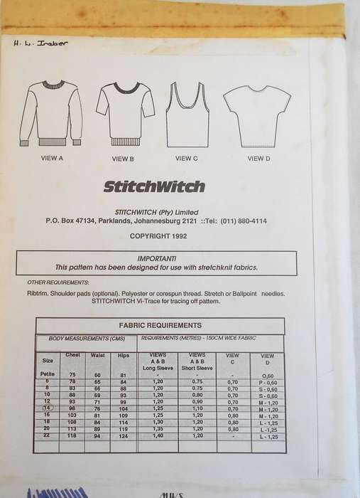 STITCHWITCH QUICK M101 TRENDY TOPS & TRIMS LADIES DROP SHOULDER-T-SHAPE-TOPS-VEST SIZES 6-22