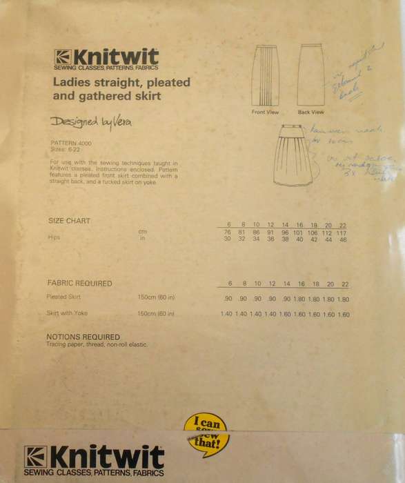 KNITWIT PATTERN 4000 LADIES STRAIGHT PLEATED GATHERED SKIRT SIZES 6-22 COMPLETE-UNCUT