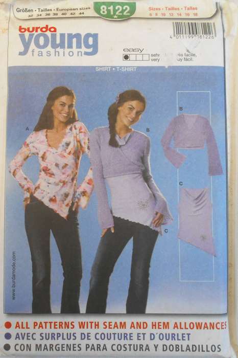 BURDA 8122 ASYMETICAL TOPS 6-8-10-12-14-16-18 COMPLETE-UNCUT-F/FOLDED