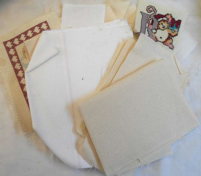 DIFFERENT SIZE SAMPLE SQUARES OF COUNTED STITCH FABRIC FOR EMBROIDERY-CROSS STICH-SOME BEEN STITCHED