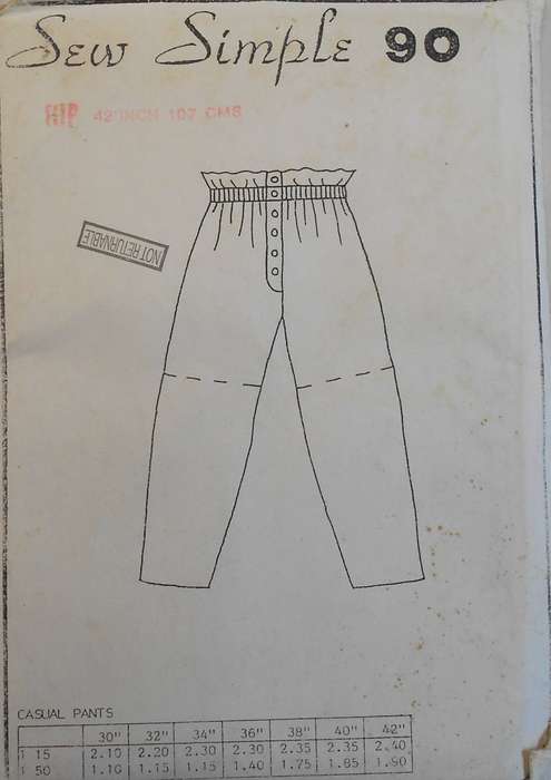 SEW SIMPLE PATTERNS 90 CASUAL PANTS SIZE HIP 42" OR 107 CM