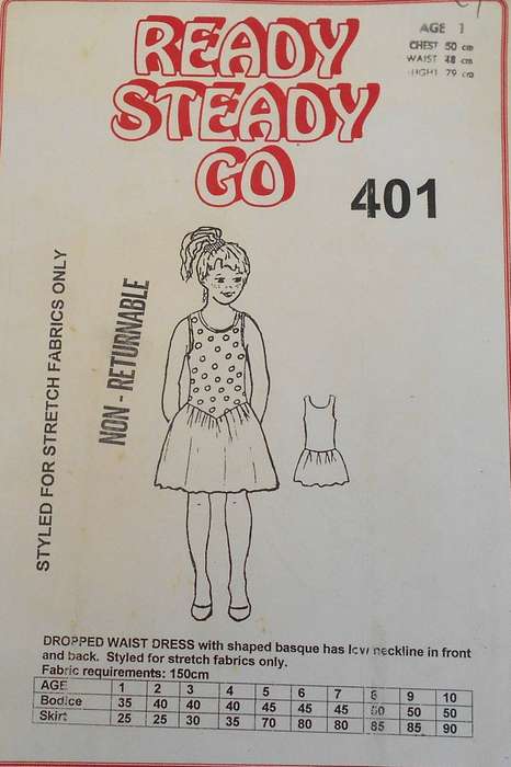 READY-STEADY-GO PATTERN 401 DROPPED WAIST DRESS AGE 1 YEAR CHEST 50 CM