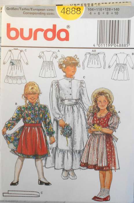 BURDA 4888 GIRLS DRESS COMPLETE WITH APRON 4-6-8-10 YEARS COMPLETE-UNCUT-F/FOLDED
