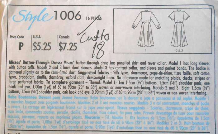 STYLE 1006 FRONT BUTTON DRESS SIZE 12-18 COMPLETE CUT TO 18