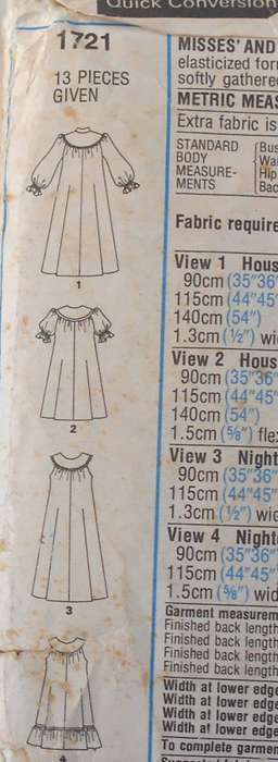VINTAGE STYLE 1721 HOUSECOAT & NIGHTDRESS SIZE LARGE 16-18 COMPLETE NO SEWING INSTRUCTIONS
