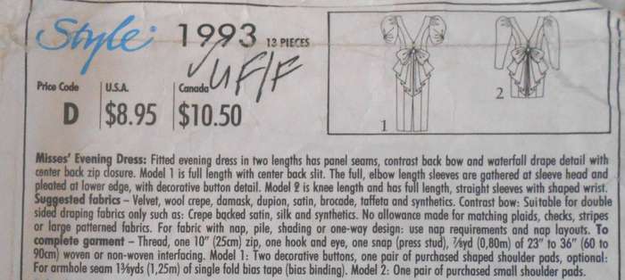 STYLE 1993 FITTED EVENING DRESS SIZE 6-16 COMPLETE-UNCUT-F/FOLDED