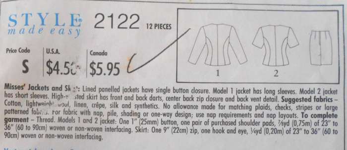 STYLE 2122 JACKETS & SKIRTS SIZE 6-16 COMPLETE-ZIPLOC