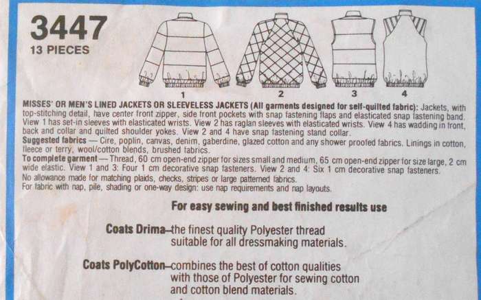 STYLE 3447 UNISEX LINED JACKETS OR SLEEVLESS JACKETS SIZE LARGE 42-44 OR 18-20 COMPLETE-ZIPLOC