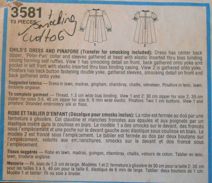 STYLE 3581 GIRLS DRESS & PINAFORE WITH SMOCKING SIZE 2-3-4-5-6 YEARS COMPLETE CUT TO 6 YEARS