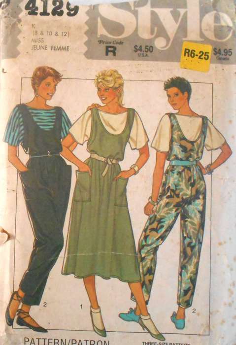 STYLE 4129 PINAFORE-JUMPSUIT-PULLOVER TOP SIZE 8-10-12 COMPLETE-CUT TO 12