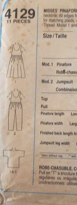 STYLE 4129 PINAFORE-JUMPSUIT-PULLOVER TOP SIZE 8-10-12 COMPLETE-CUT TO 12