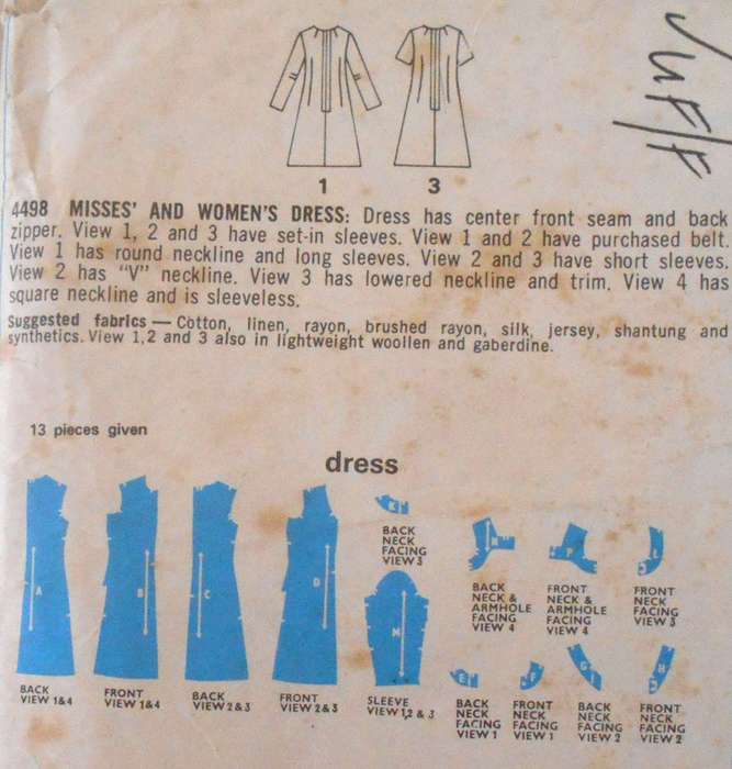 STYLE 4498 DRESS - LONG/SHORT SLEEVE SIZE 16 BUST 102 CM COMPLETE-UNCUT-F/FOLDED