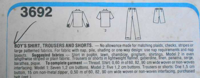 STYLE 3692 BOYS SHIRT-PANTS-SHORTS SIZE 10 YEARS 64 CM COMPLETE