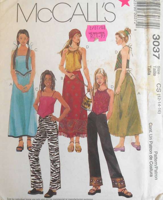 McCALLS 3037 TEEN GIRL'S HALTER TOP-PANTS-SKIRT SIZE 12-16 YEARS COMPLETE UNCUT-F/FOLDED