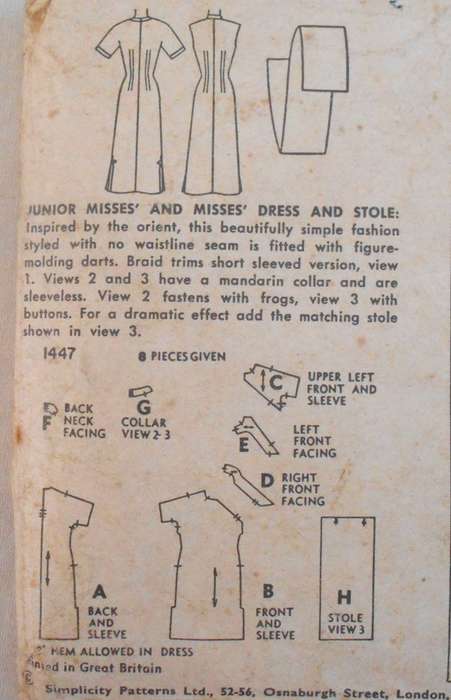 VINTAGE SIMPLICITY 1447 STUNNING HIGH COLLAR DRESS & STOLE SIZE 16 BUST 34" COMPLETE
